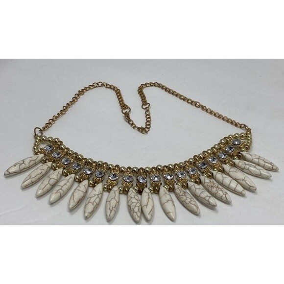 Unbranded Jewelry - Necklace Gold Tone Clear Crystal White Veined Beads Claw-ish Shape Bib